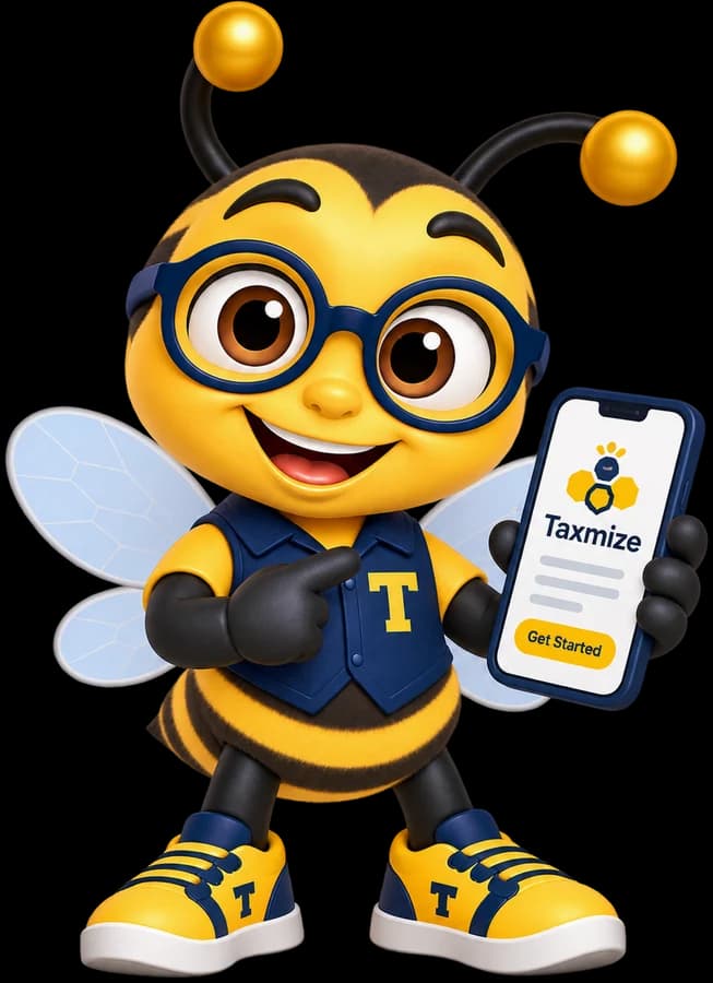 Taxmize bee showing the Taxmize app on a phone